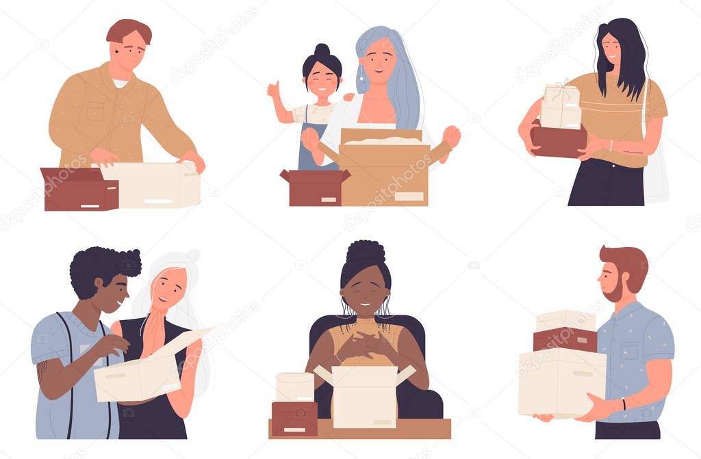 Happy people with open cardboard box set, young and old man woman opening parcel present