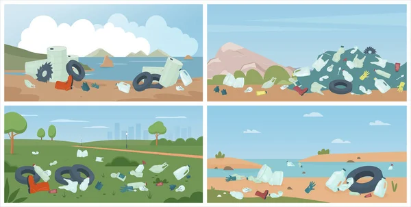 Praia com lixo, ambiente de natureza suja, cenário com resíduos de plástico —  Vetores de Stock