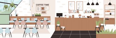 Kafe ya da modern açık kafe iç mekan, içinde boş çatı katı kafeteryası ya da restoran