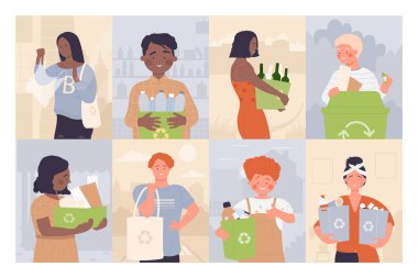 Geri dönüşüm çöplerini düzenleyen insanlar, şehri temizleyen insanlar, gönüllü yetişkinler ve çocuklar...