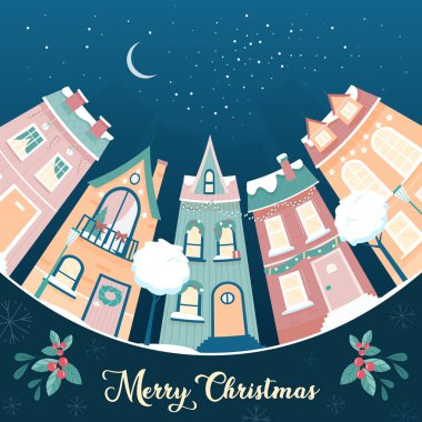 Noel kenti şirin Noel tebrik kartlarıyla, karlı Kyline sahnesiyle