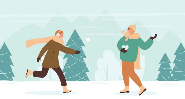 カップルは冬の雪景色で雪玉楽しいゲームをプレイし、寒い天候を楽しんでいます — ストックベクタ
