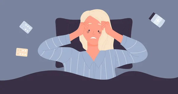 Vrouw met slapeloosheid in bed, die lijdt aan slapeloosheid, slapeloosheid behandeling — Stockvector