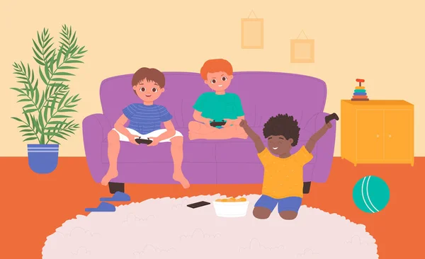Счастливые дети играют дома в консольные видеоигры, группа возбужденных мальчиков играет с геймпадами — стоковый вектор