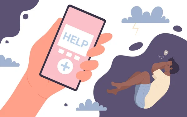 Aide psychologue en ligne, main avec application de hotline à l'écran, santé mentale, concept de crise — Image vectorielle