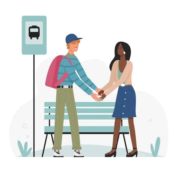 Adorável casal bonito deixando uns aos outros na estação de ônibus —  Vetores de Stock