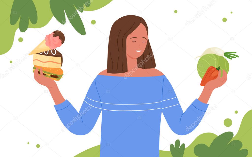 Food balance, healthy eating diet for wellness, woman holding vegetables and sweets