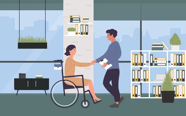 Trabalho para pessoas com deficiência, mulher deficiente sentada em cadeira de rodas, apertando a mão com o chefe — Vetor de Stock