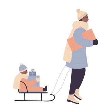 Kızak süren çocuklu açık hava ebeveyni.