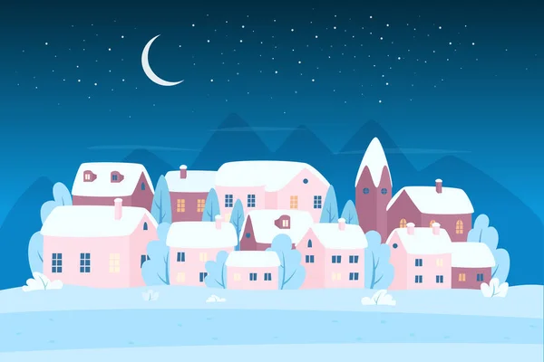 Ciudad de invierno en la noche de Navidad, escena de paisaje urbano lindo con pueblo nevado bajo la luna — Vector de stock
