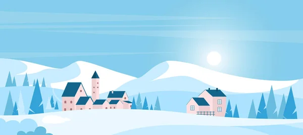 Invierno Paisaje de Navidad con montañas y colinas cubiertas de nieve — Vector de stock