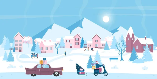 Santa Claus équitation scooter sur la rue enneigée de la ville d'hiver, carte de voeux de Noël — Image vectorielle