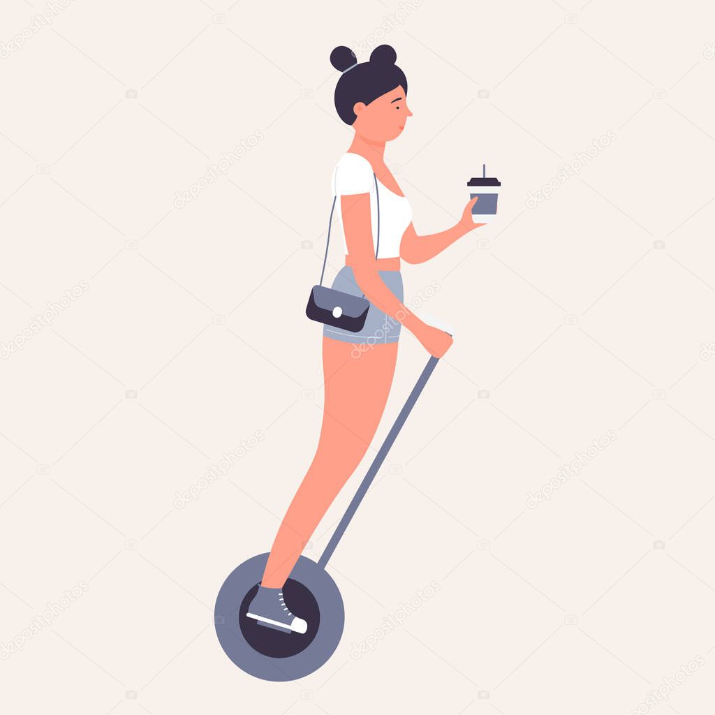 Girl drinking coffee on single wheel self balancing electric scooter