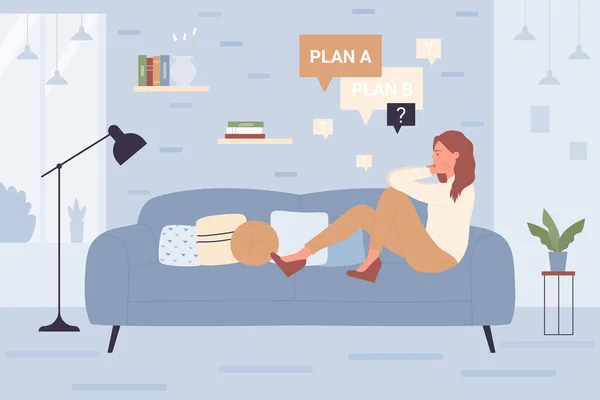 Fiatal nő ül a modern kanapén otthon nappali gondolkodni nehéz választás — Stock Vector