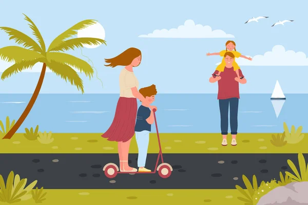 Feliz tiempo en familia, madre, padre e hijos caminando en el paisaje de la playa, estilo de vida — Vector de stock
