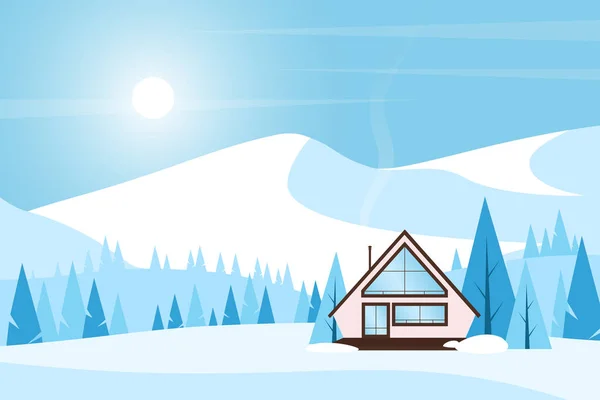 Maison de village moderne dans le paysage de campagne d'hiver, chalet de résidence confortable parmi les arbres — Image vectorielle