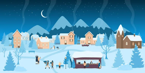 Les gens apprécient le marché de Noël dans le paysage du village d'hiver la nuit, maisons avec lumières — Image vectorielle