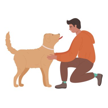 Yavru köpeğiyle gülümseyen mutlu çocuk.