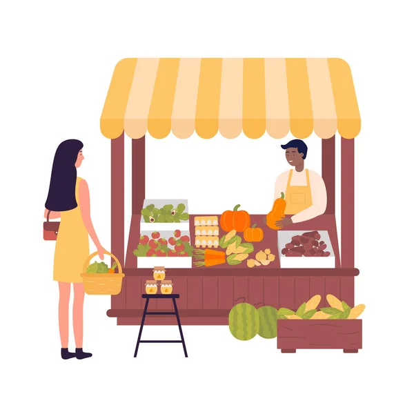 Femme achetant des produits frais sur le marché local — Image vectorielle