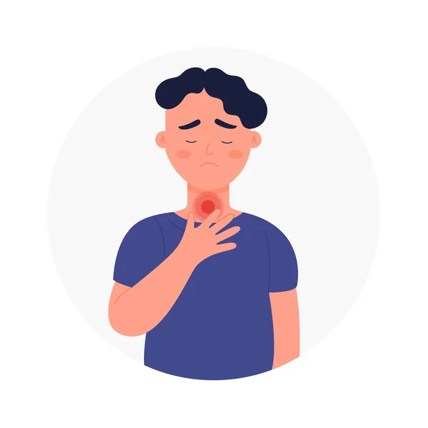 Sad boy with strong throat sore inflammation — Stock Vector