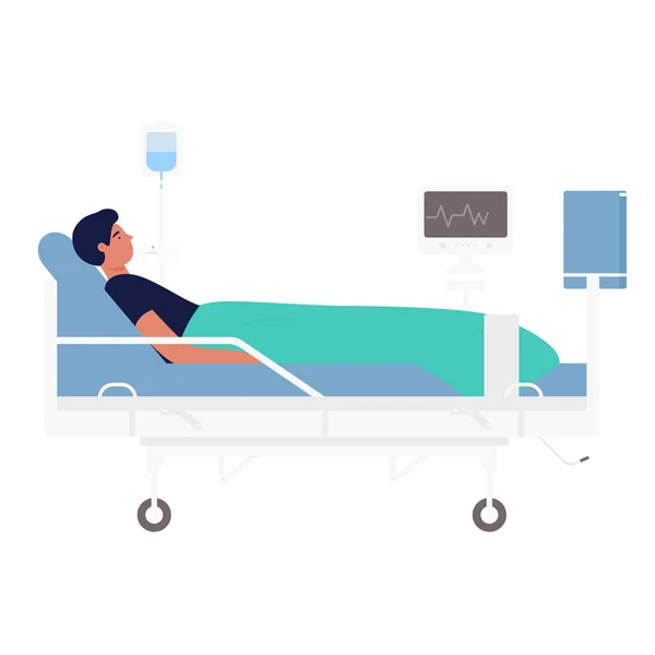 Хворий пацієнт чоловічої статі з крапельницею лежить в лікарняному ліжку — стоковий вектор