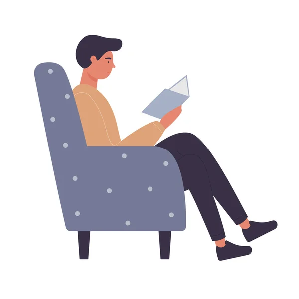 Jeune garçon détendu dans un fauteuil confortable livre de lecture — Image vectorielle