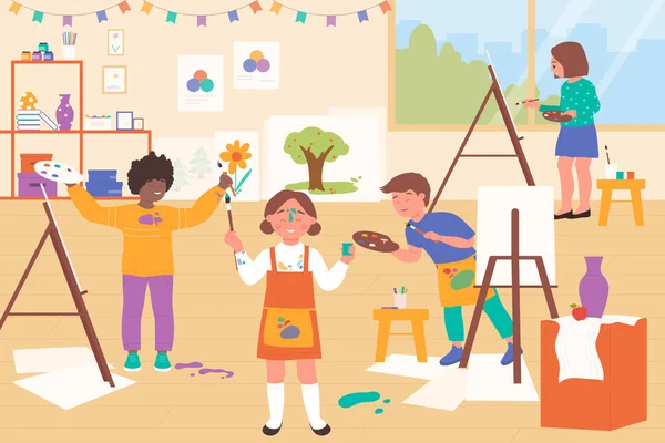 Niños pintando en clase de arte o taller con diversión, niñas y niños dibujando con pintura — Vector de stock