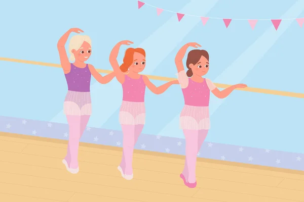 Crianças na escola de balé ou estúdio, grupo de bailarinas na dança de balé de prática de vestido rosa —  Vetores de Stock
