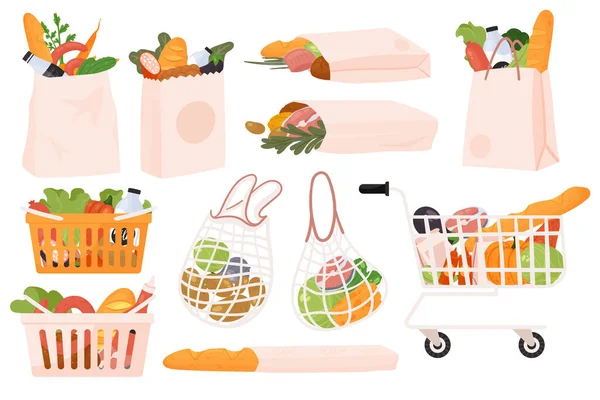 Grocery food products set, paper bag, basket and supermarket cart full of goods purchases — стоковый вектор