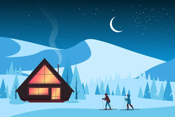 Ski en hiver paysage de montagne la nuit, paysage de Noël avec maison — Image vectorielle