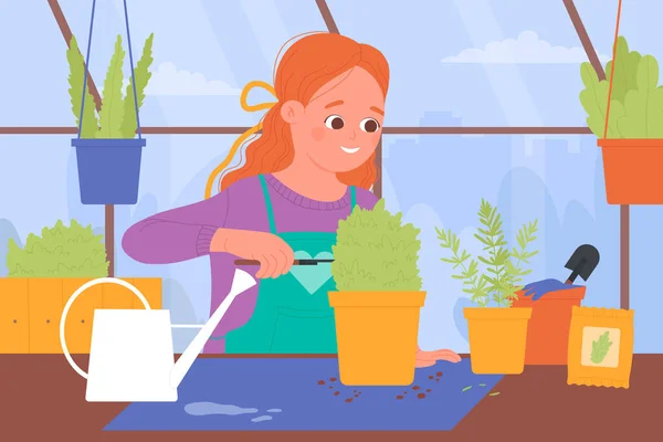 Enfant cultivant des plantes vertes en pot, travaillant dans le jardin à la maison, fille tenant l'outil de jardinage — Image vectorielle