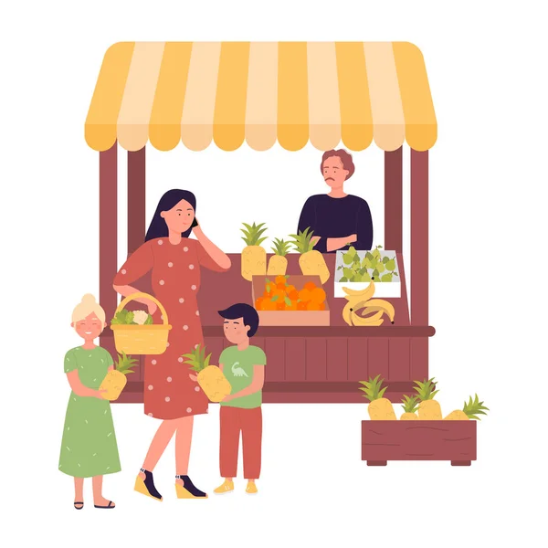 Friss gyümölcsöt vásárló család a helyi piacon — Stock Vector