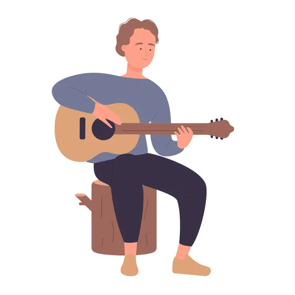 Assis garçon souriant sur le tronc et jouer de la guitare — Image vectorielle