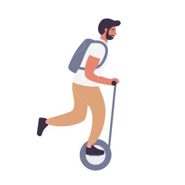 Sırt çantalı çocuk kendini dengeleyen elektrikli scooter kullanıyor.