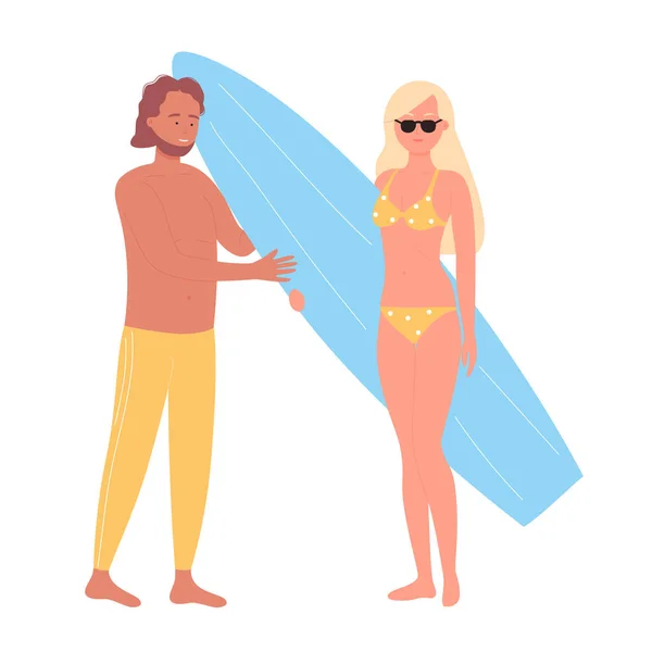 여름 방학 때 서핑 보드를 타는 부부 — 스톡 벡터