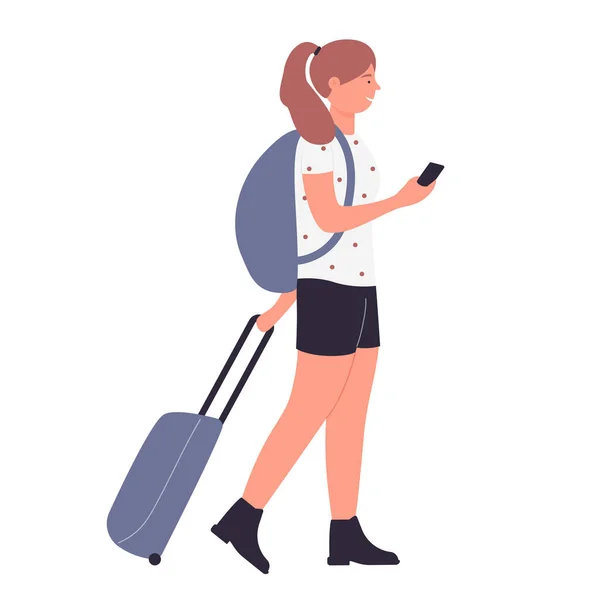 Turistická dívka s batohem a příručním zavazadlem — Stockový vektor