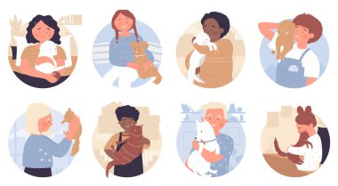 Yuvarlak avatar setinde evcil hayvanları olan sevimli çocuklar, evcil hayvan sahipleri komik köpek ve kedilere sarılıyorlar.