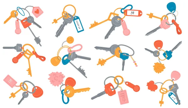 Bunch with keys and keychains to lock and unlock home door set with different keys — Stock Vector