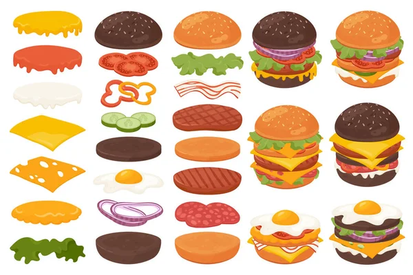 Sada hamburgerových nebo sendvičových přísad, hovězí kotleta a slanina, plátky sýra, zelenina — Stockový vektor