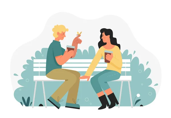 Coppia seduta sulla panchina del parco e bevendo caffè — Vettoriale Stock