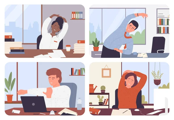 Geschäftsleute machen gesunde Sportübungen im Büro und entspannen sich, Arbeitspause Workout — Stockvektor