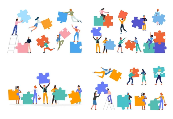 People holding puzzle jigsaw to connect parts set, team of partners building collaboration — Stock Vector