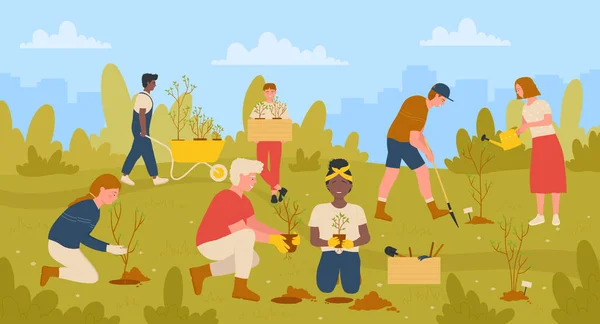 Jardineiros pessoas trabalham em eco jardim juntos, voluntários jardinagem, plantio de mudas — Vetor de Stock
