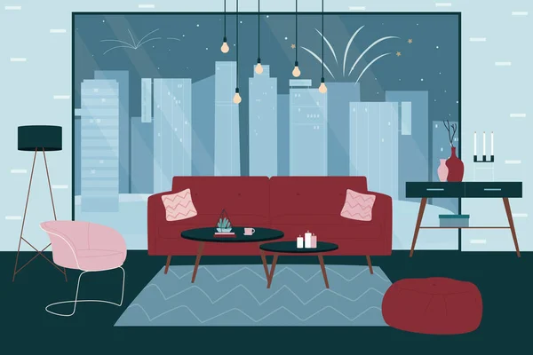 Salon intérieur avec mobilier pour la maison appartement, canapé confortable, lampe, fauteuil — Image vectorielle