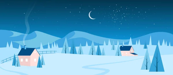 Paysage hivernal de village nocturne ou nocturne, maisons enneigées, silhouettes de pins — Image vectorielle