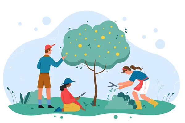Trabajo de jardineros para cuidar el jardín o el parque, equipo de eco voluntarios cultivan plantas, árboles — Vector de stock