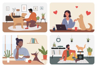 İnsanlar evcil hayvanlarla oynuyor, erkek kadın kediler ve köpeklerle oynuyor, köpekleri besliyor.