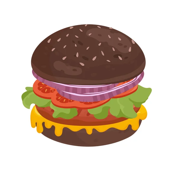 Ízletes nagy hamburger grillezett sötét kenyér zsemle — Stock Vector