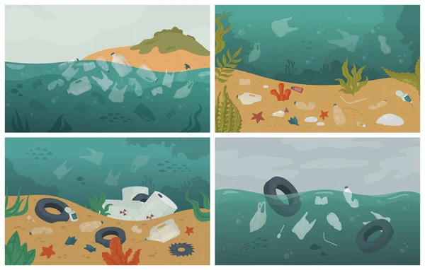 海や海の水の中のゴミ、環境汚染、汚染された風景セット — ストックベクタ