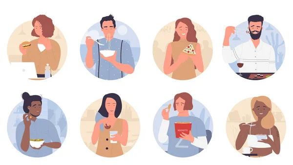 Happy people eat food in round avatar set, persons sitting at restaurant or home table Vector Graphics